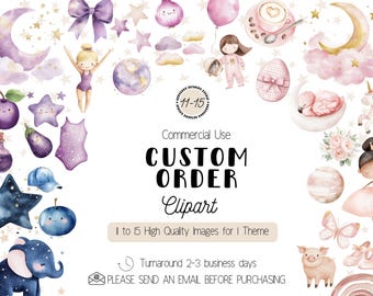 May include: Watercolor clipart featuring a variety of whimsical illustrations in shades of purple, pink, and blue. Includes a ballerina, moon, stars, and the text "CUSTOM ORDER Clipart". Perfect for digital art projects.