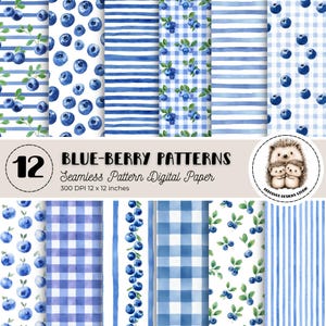 May include: A collection of 12 digital seamless patterns featuring watercolor designs. The patterns include blueberries, stripes, and gingham in shades of blue and white. The text reads "BLUE-BERRY PATTERNS" and "Seamless Pattern Digital Paper", 12 x 12 inches.