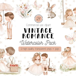 Pacchetto Clipart di romanticismo vintage carino, PNG acquerello romantico Cottagecore, Clip Art di amore senza tempo, Coppia di campagna carina, Download digitale