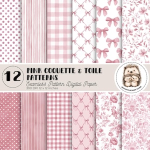 Könnte beinhalten: Eine Sammlung von 12 rosa Coquette- und Toile-Mustern. Die Designs umfassen Punkte, Streifen, Vichy, Schleifen und florale Motive. Der Text lautet: "Pink Coquette & Toile Patterns, Seamless Pattern Digital Paper, 300 DPI 30,48 x 30,48 cm."