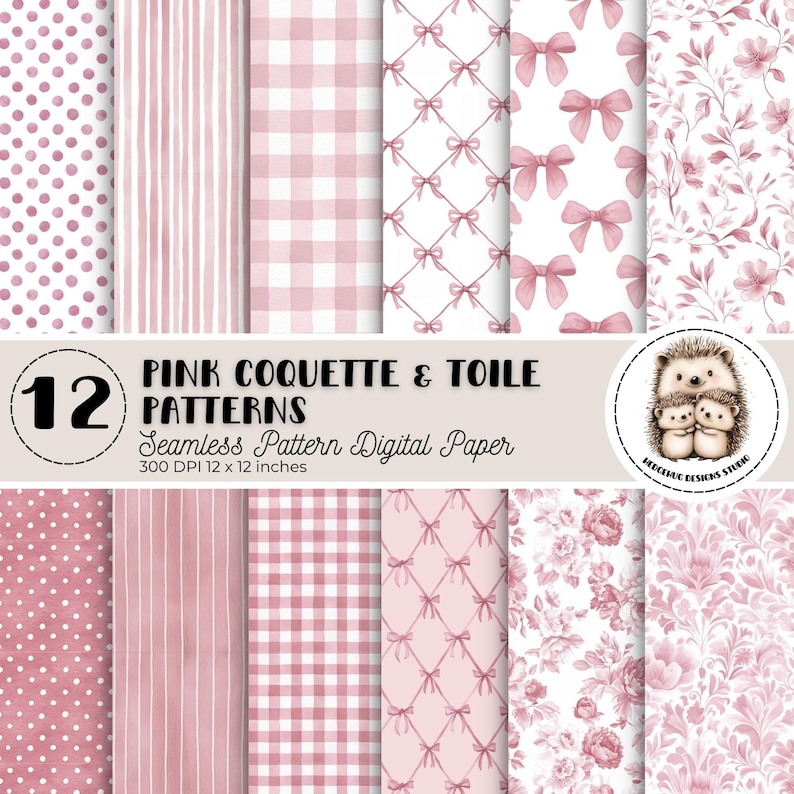 Pink Coquette Toile Digital Paper Pack: Vintage Bow Patterns (digital ...