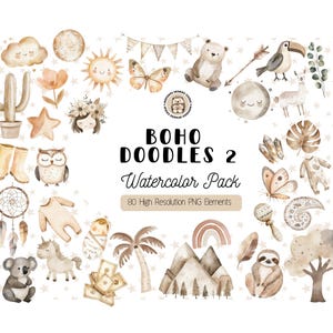 Boho Doodles Clipart, Aquarell Boho PNG, süße Boho Tiere, Boho Kinderzimmer Kunst, Boho Aquarell Elemente, Boho Baby Dusche Clipart, Digital