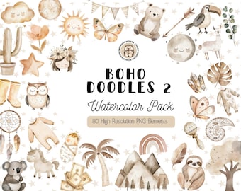 Clipart de garabatos bohemios, PNG de acuarela bohemia, lindos animales bohemios, arte bohemio para guardería, elementos de acuarela bohemios, clipart de baby shower bohemio, digital