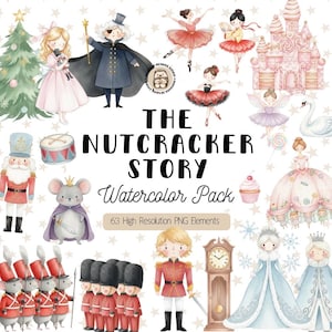 May include: Watercolor pack titled "The Nutcracker Story" with 63 high-resolution PNG elements. Features illustrations of ballet dancers, a castle, a nutcracker, and other characters from the classic tale. Includes text "Hedgehug Designs Studio".