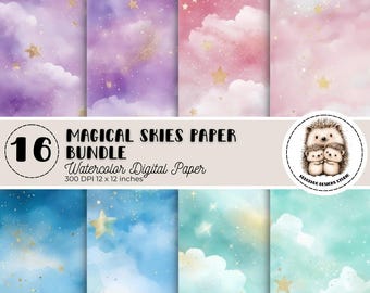 Dreamy Skies Watercolor Digital Paper, Magical Sky Backgrounds with Clouds & Stars, Enchanting Celestial Scrapbook Paper, Commercial Use