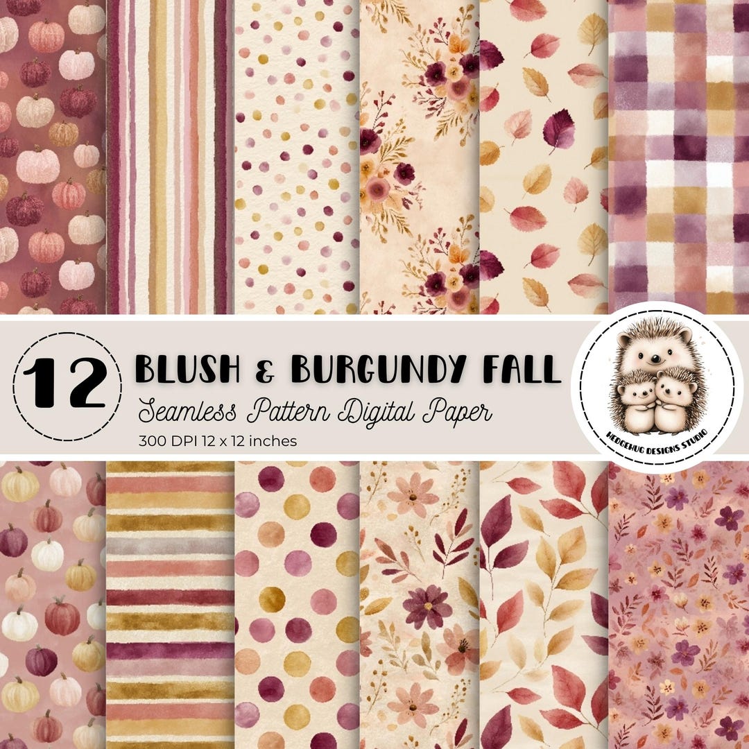 Watercolor Fall Digital Paper Pack: Blush Burgundy Autumn Seamless ...