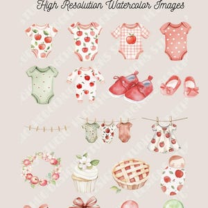 May include: Watercolor illustrations featuring baby clothes, shoes, and accessories with apple motifs. Includes a baby dress, a pie, a cupcake, gift boxes, and balloons. The text reads "APPLE OF MY EYE" and "High Resolution Watercolor Images".