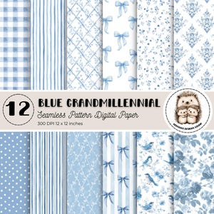 Op de afbeelding: Een verzameling van 12 naadloze digitale papierontwerpen in blauwtinten. Patronen zijn onder meer ruitjes, strepen, strikken, bloemen en damast. De tekst luidt "BLUE GRANDMILLENNIAL Seamless Pattern Digital Paper 300 DPI 30.48 x 30.48 cm."