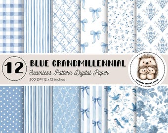 Blue Toile Seamless Digital Paper Set, Coquette Bows, Preppy Patterns, Grandmillennial Blue and White Scrapbook, Baby Shower & Nursery Decor