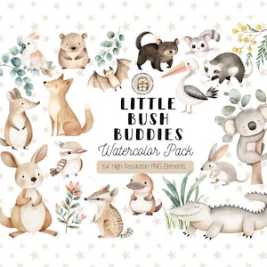 Süße australische Tiere Clipart, Aquarell Aussie Wildtiere, Busch Baby Tiere PNG, Koala Känguru Wombat Digital Download, Kinderzimmer Dekor