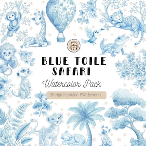 Blue Toile Safari Watercolor Clipart, Safari Nursery PNG, Baby Animal Toile de Jouy, Blue Safari Jungle Clip Art Pack, Commercial Use