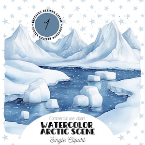 Clipart aquarelle Arctic Wonderland - Montagnes enneigées, flocons de glace et chutes de neige - Art numérique hivernal pour projets de bricolage
