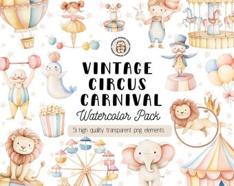 Vintage Circus Watercolor Clipart, Carnival Fairground & Animals PNGs (Digital Download, Commercial Use)