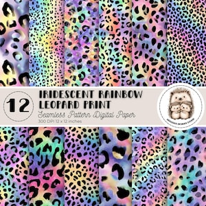 Rainbow Leopard Print Digital Paper Pack, Iridescent Animal Print Seamless Pattern, Pastel Animal Prints JPG Backgrounds, Commercial Use