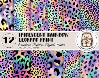 Papel digital com estampa de leopardo arco-íris: padrões de animais em tons pastéis iridescentes (download digital, uso comercial)
