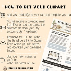 May include: A how-to guide for downloading clipart from Etsy. The guide includes four steps with illustrations. The guide also includes a thank you message from Hedgehug Designs Studio, a clipart and illustration studio.
