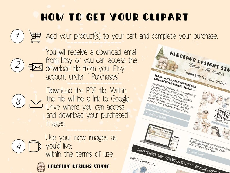 May include: A how-to guide for downloading clipart from Etsy. The guide includes four steps with illustrations. The guide also includes a thank you message from Hedgehug Designs Studio, a clipart and illustration studio.