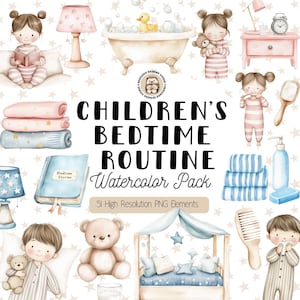 Può includere: Illustrazioni ad acquerello di elementi della routine della nanna dei bambini. L'immagine include una vasca da bagno con una paperella di gomma, un comodino con una lampada e una sveglia e bambini in pigiama. Il testo recita "Children's Bedtime Routine Watercolor Pack".