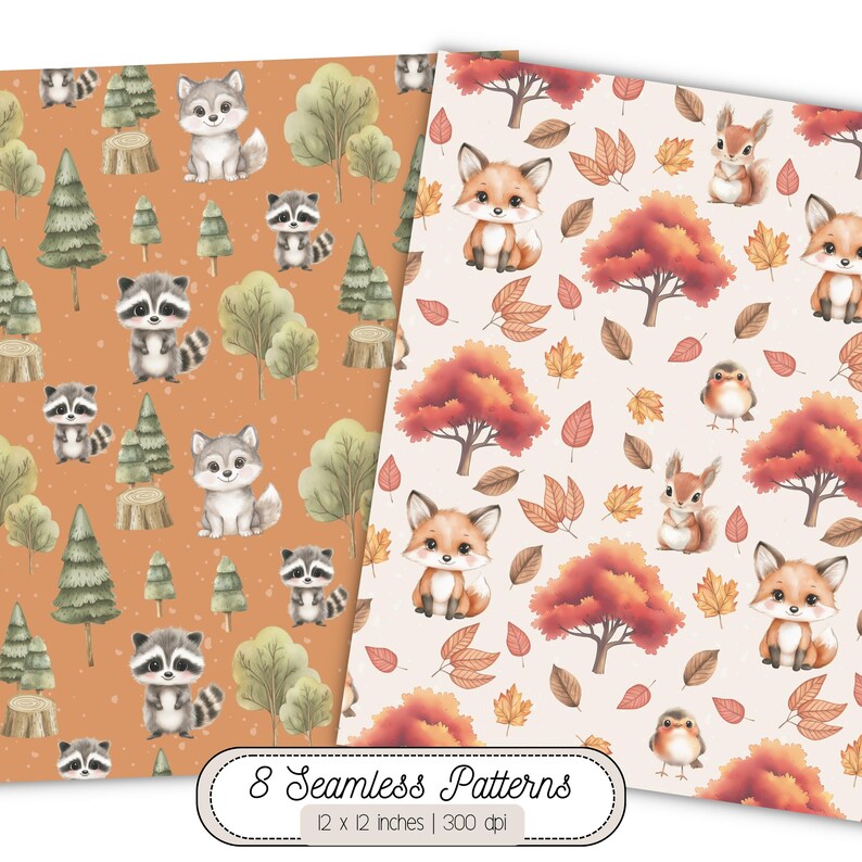 Fall Raccoon Patterns Woodland Animals Seamless Digital Paper, Cute Forest Animal Patterns ...