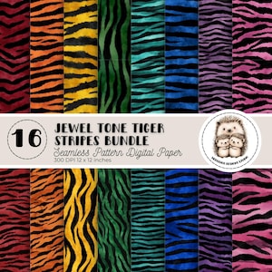 Jewel Tone Tiger Stripe Seamless Pattern Pack, Watercolor Animal Skin Digital Paper, Safari Wild Cat Jungle Backgrounds, Scrapbooking Craft