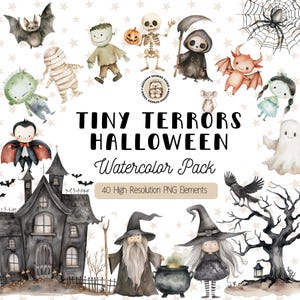 Cute Halloween Clipart, Watercolor Kids Halloween Graphics, Cute Monster PNG, Spooky Season, Zombie Vampire Witch Clipart, Commercial Use