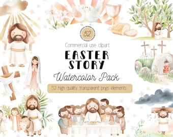 Watercolor Easter Story Clipart, Cute Christian Bible Story Illustrations, Christianity Celebration PNG, Resurrection of Jesus Clipart