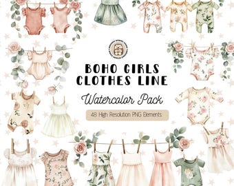 Clipart ligne de vêtements Boho bébé fille, aquarelle barboteuse nouveau-né robe PNG, chambre de bébé et baby shower, tenues florales, usage Commercial