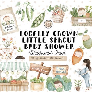 Lokal gewachsene Babyparty Clipart, kleiner Sprössling Aquarell PNG, Bauernhof frische Garten-Babyparty-Grafik, niedliches Veg Clipart, KOMMERZIELLE NUTZUNG