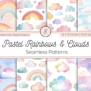 Whimsical Watercolor Rainbows & Clouds Seamless Patterns, Dreamy Pastel Cloud Digital Paper, Cute Nursery Rainbow Sky Backgrounds for Kids