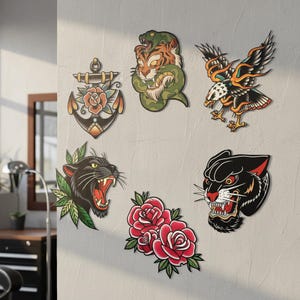 Individuell gestaltete Wanddekoration aus Metall im traditionellen Tattoo-Stil, verschiedene Designs (Panther/Adler/Rose), langlebige Vintage-Dekoration für Tattoo-Fans