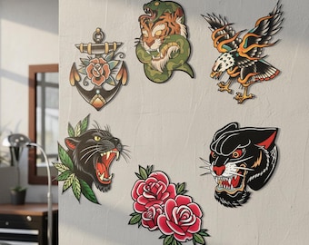 Custom Traditional Tattoo Style Metal Wall Art, Multiple Designs (Panther/Eagle/Rose) Tattoo Decor, Vintage Durable Tattoo Enthusiast Decor