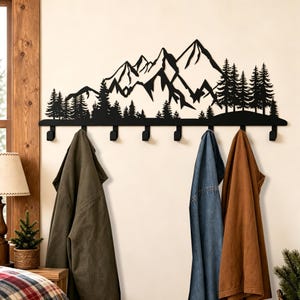 Mountain Pine Tree Metal Wall Hooks, Rustic Lodge Coat Rack, Metal Key Holder, Mountain Entryway Storage, Housewarming Gift, Hiker Gift