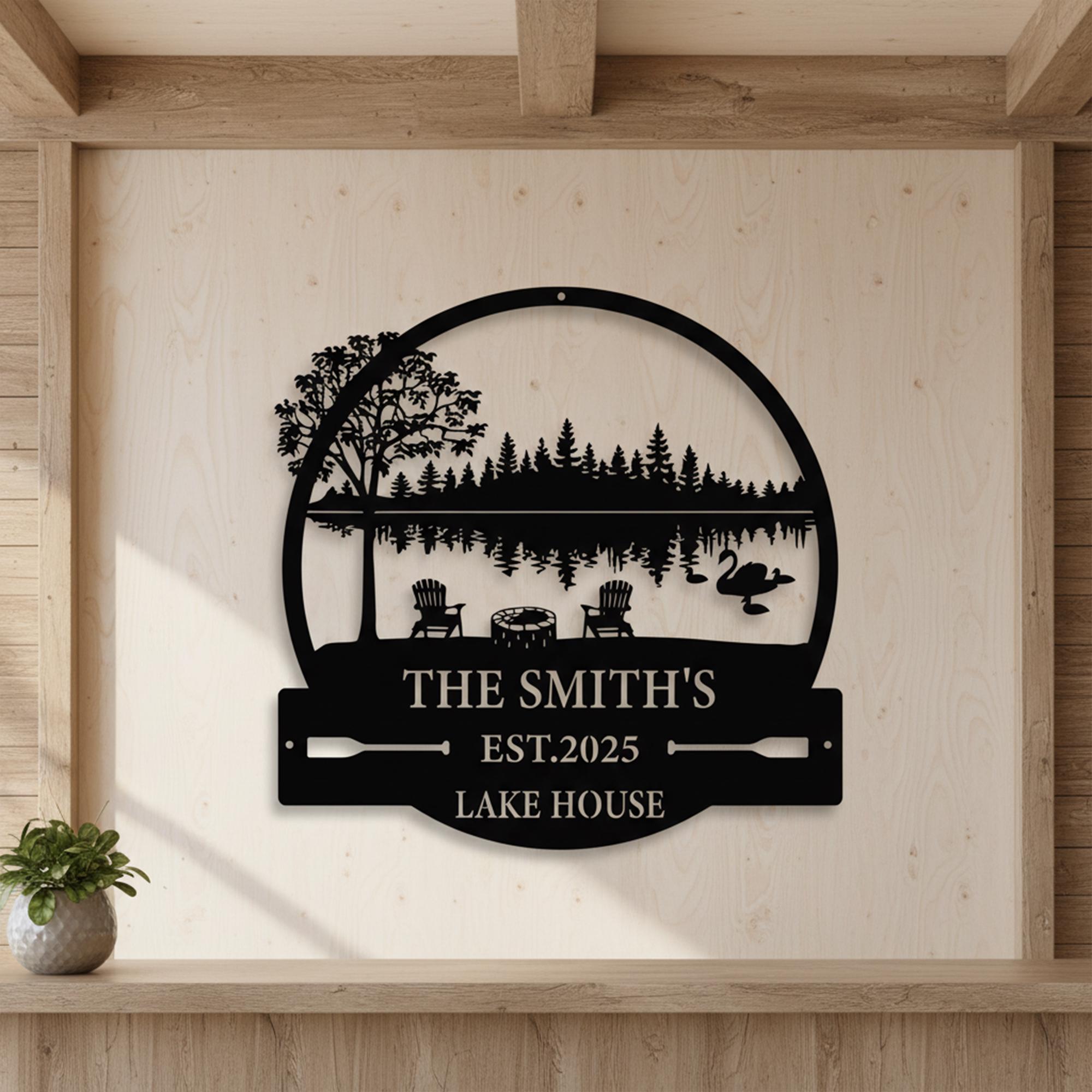 Custom Lake House Metal Sign, Personalized Name Lake ＆ Swan & Oar Decor ...
