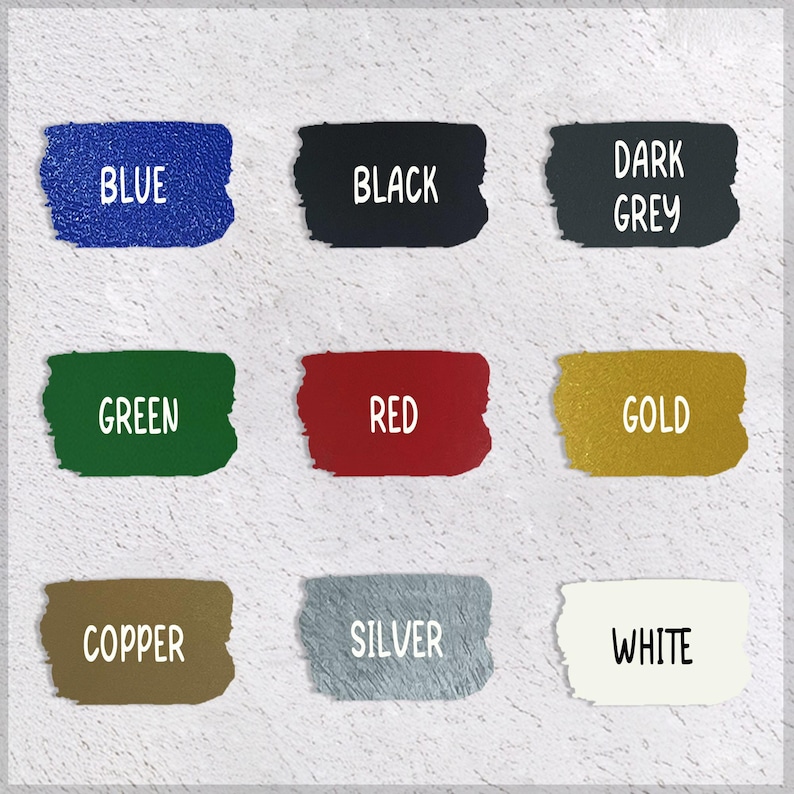 May include: Nine color swatches on a textured background. The colors are blue, black, dark grey, green, red, gold, copper, silver, and white. Each swatch has the color name in white text.