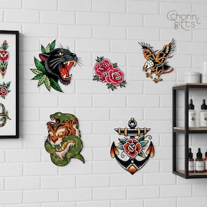 Custom Traditional Tattoo Style Metal Wall Art, Multiple Designs (Panther/Eagle/Rose) Tattoo Decor, Vintage Durable Tattoo Enthusiast Decor