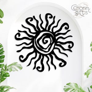 Custom Wacky Sun metalen bord, grillige spiraalvormige zon muurkunst, hippie leuk ontwerp, uniek terras/tuin/binnendecor, duurzaam metalen accent buiten