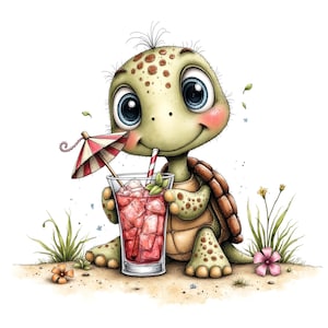 Puede incluir: Ilustración de dibujos animados de una tortuga sonriente disfrutando de una bebida con cubitos de hielo y una sombrilla a rayas. La tortuga tiene un caparazón marrón, piel verde y grandes ojos azules. La bebida está en un vaso.