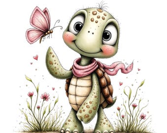 28 JPG Tartaruga fantasiosa Clipart, Simpatica illustrazione di tartaruga estiva, Arte di animali marini per la cameretta, Clipart di spiaggia per bambini, Uso commerciale