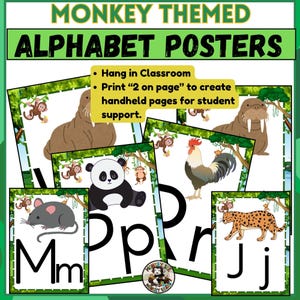 May include: A set of alphabet posters featuring jungle animals and the letters of the alphabet. The posters are designed to be printed and used in a classroom setting. The text on the posters reads "Hang in Classroom" and "Print "2 on page" to create handheld pages for student support."