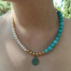 Turquoise and Pearl Necklace – Handmade Beaded Jewelry with Gold Beads and Teardrop Pendant