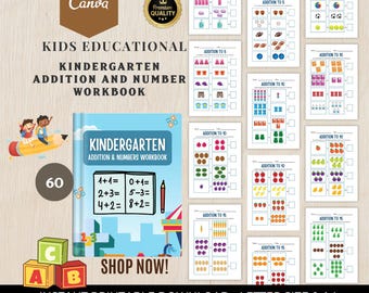 May include: A colorful printable workbook for kindergarten students featuring addition and number activities. The cover features a blue and white illustration of a carousel and the text "Kindergarten Addition & Numbers Workbook". The workbook includes 60 pages of activities and is available for instant download in letter size and A4.