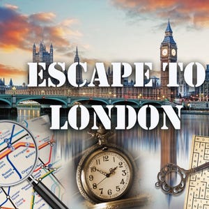 以下が含まれることがあります： ロンドン議会議事堂とビッグベンを背景に、「ESCAPE TO LONDON」というテキストが重ねられた画像。画像には、ロンドン地下鉄の地図の上に置かれた虫眼鏡、ヴィンテージの懐中時計、鍵、単語検索パズルも含まれています。