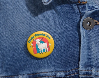 Emile bedankt aangepaste speldknoppen - grillig geitenontwerp voor afscheidsfans, Lumon Industries, unieke accessoires, afscheidsspelden