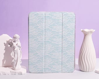 Light Blue Lace Cover Case For Apple iPad Air 2 3 4 iPad pro 11 iPad mini 6/4th/5,7,8,9,12.9,10.2, iPad cover, iPad 2022 2021 2020 Case
