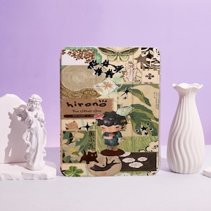 May include: A decorative case with a collage design, featuring a central figure. The case has a mix of green, brown, and beige tones, with illustrations of butterflies, cats, and floral elements. The text "hirono" is visible on the case.