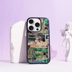 May include: A phone case with a dark blue border, decorated with a collage of anime-style illustrations. The design includes characters, buildings, and nature scenes. The case is displayed on a white surface.