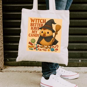 Witch Chicken Tote, Vintage Style Bag, Perfect for Trick or Treat, Halloween Bag, Gift Idea, Kids Bag, Cotton Canvas Tote Bag