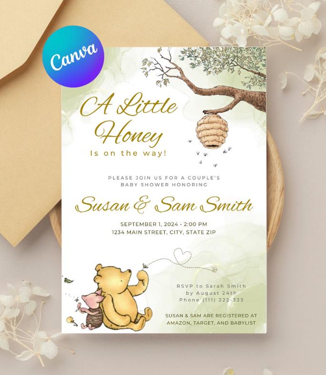 Vintage Winnie the Pooh Baby Shower Invitation - Editable Canva