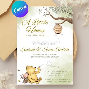 Invitación vintage para baby shower con tema de Winnie the Pooh: plantilla editable de Canva, diseño de dos caras