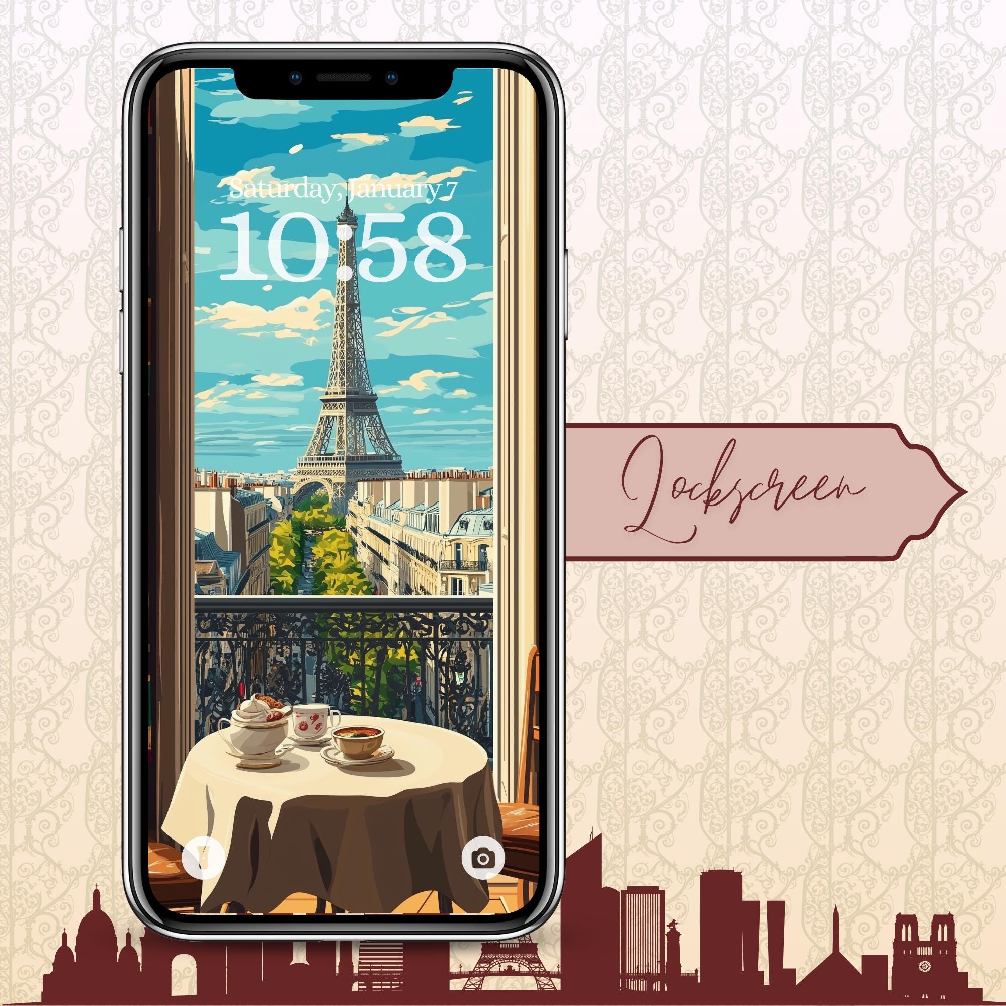 Afternoon Tea in Paris - iPhone Bookshelf Backgrounds with Matching Eiffel Tower Lockscreen - Thumbnail 4